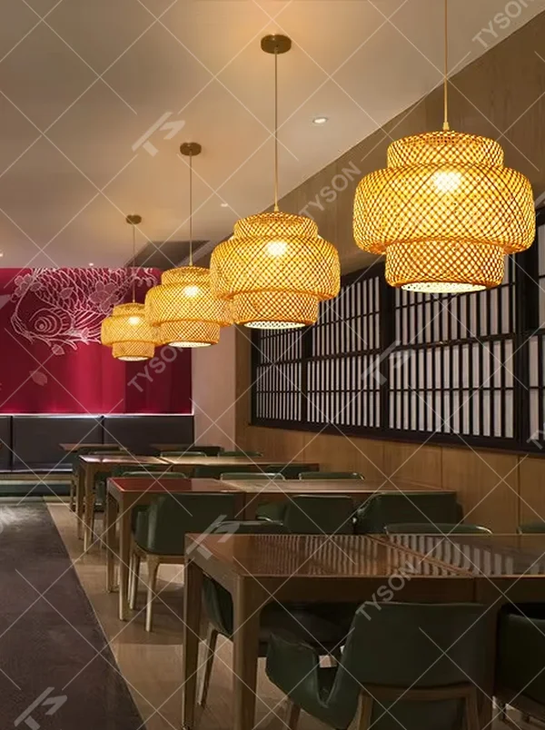 This new Chinese-style bamboo woven lantern chandelier is made of natural bamboo strips woven into a multi-layer hollow lantern shape. Warm light refracts through the bamboo texture to emit a soft halo, serving both lighting and decorative purposes, suitable for Chinese restaurants, homestays, cafes and other spaces.