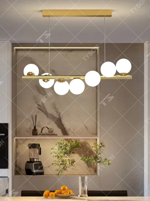 Modern light luxury golden linear molecular ball chandelier, with a golden metal frame and staggered milky white glass ball lampshades, featuring soft and uniform light, combining decorative and lighting functions, suitable for dining rooms, bars, open kitchens and other modern style spaces.