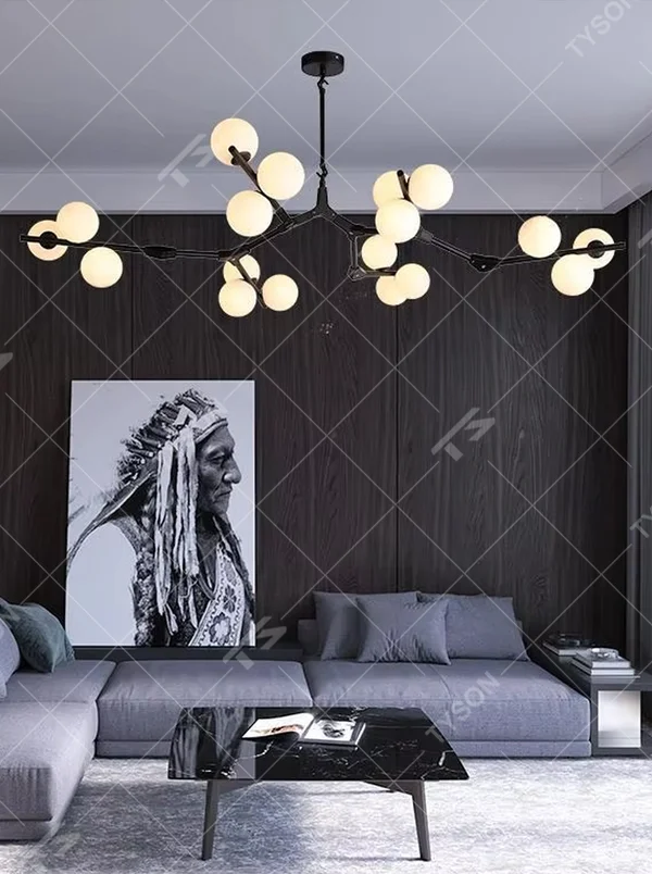 Modern Light Luxury Branch-Shaped Magic Bean Chandelier, Gold Metal Branch Frame with Milk White Spherical Shades, Serves Both Lighting and Decorative Purposes, Ideal for Living Rooms, Dining Rooms, Open Office Spaces, etc.