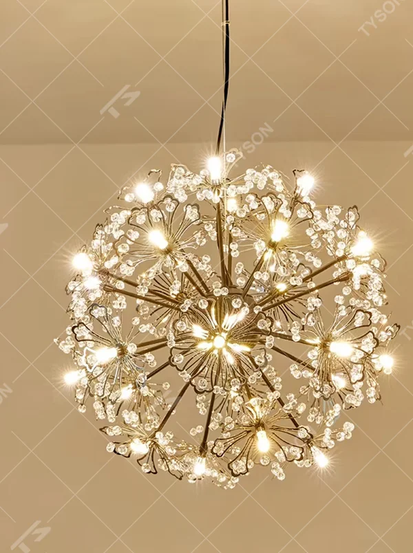 This light luxury dandelion-shaped crystal chandelier features a spherical structure with metal arms and crystal ornaments, with light refracting a brilliant halo through the crystals, serving both lighting and decorative purposes, suitable for modern light luxury spaces such as living rooms and dining rooms.