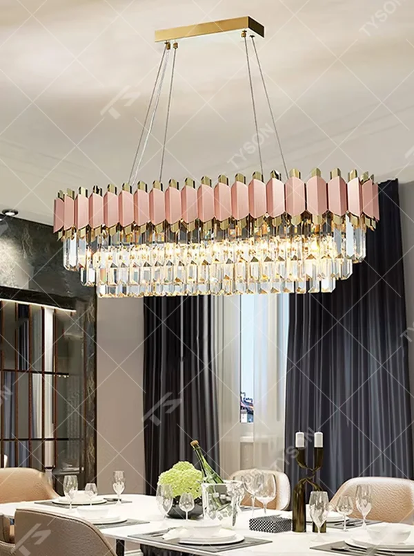 This light luxury black-gold contrasting crystal chandelier features a black-gold metal frame paired with dense faceted crystal pendant strips, with brilliant and luxurious light, serving both lighting and decorative purposes, suitable for modern light luxury high-end spaces such as living rooms and dining rooms.