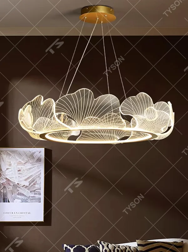 A new Chinese light luxury style ring chandelier, inspired by ginkgo leaves, crafted with a metal frame and translucent ginkgo leaf-shaped panels. It emits a soft and warm glow when lit, combining artistic decoration with lighting functionality, ideal for creating an elegant and poetic space atmosphere.