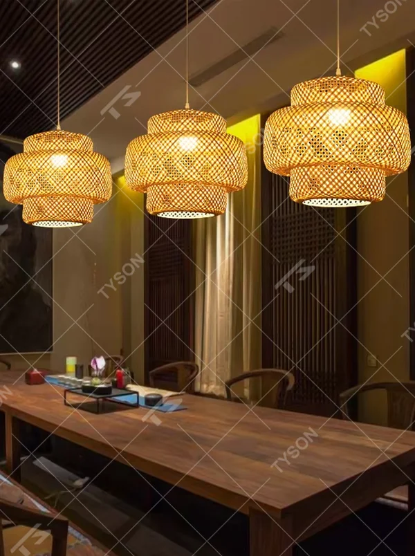 This new Chinese wabi-sabi style hand-woven bamboo chandelier is made of natural bamboo woven into a layered lantern shape. Warm light passes through the hollow texture to emit a soft and warm halo, serving both lighting and decorative purposes, suitable for natural zen spaces such as tea rooms and homestays.