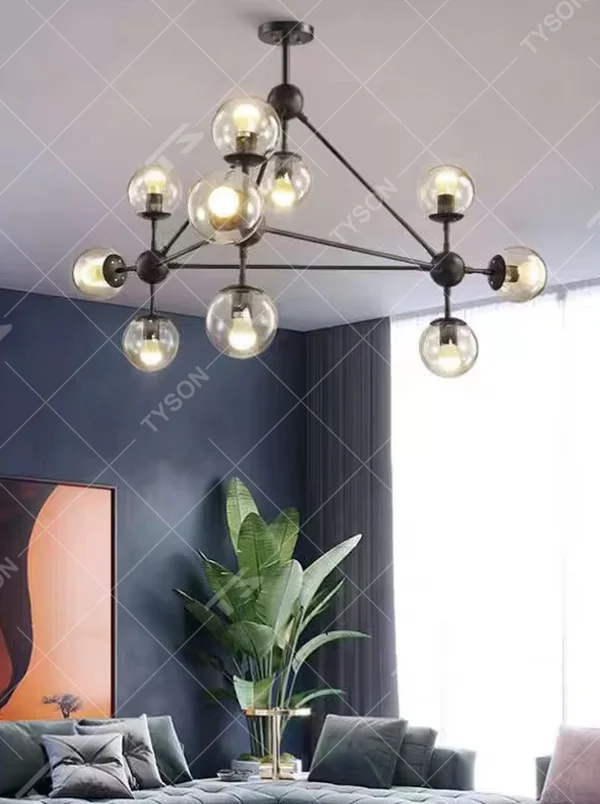 An industrial and modern minimalist combined molecular structure chandelier, featuring a cubic geometric frame made of black iron, paired with amber glass ball bulbs. It emits a warm and soft glow when lit, combining decorative appeal with practical illumination, ideal for creating a bold and avant-garde space atmosphere.