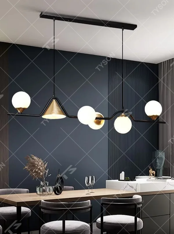 Modern light luxury black-gold contrasting linear chandelier, with a black metal frame paired with milky white glass ball lampshades and a golden conical lampshade, featuring flexible and irregular lines, combining decorative and lighting functions, suitable for dining rooms, bars, open living rooms and other modern style spaces.