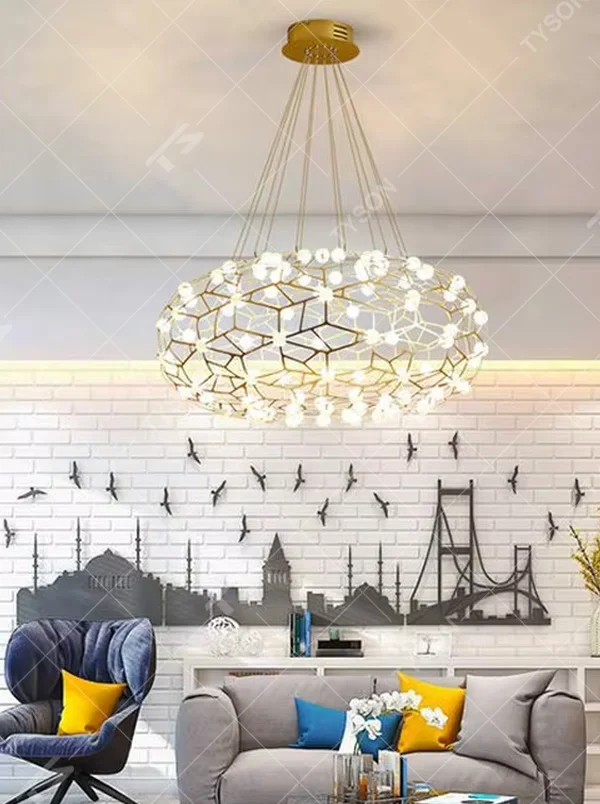 Modern light luxury honeycomb-structure oval chandelier, featuring a bionic honeycomb frame made of gold metal and covered with glowing light beads. It emits soft and brilliant light, combining a sense of technology and artistic ambiance, making it a high-end decorative lighting fixture that elevates the space's style.