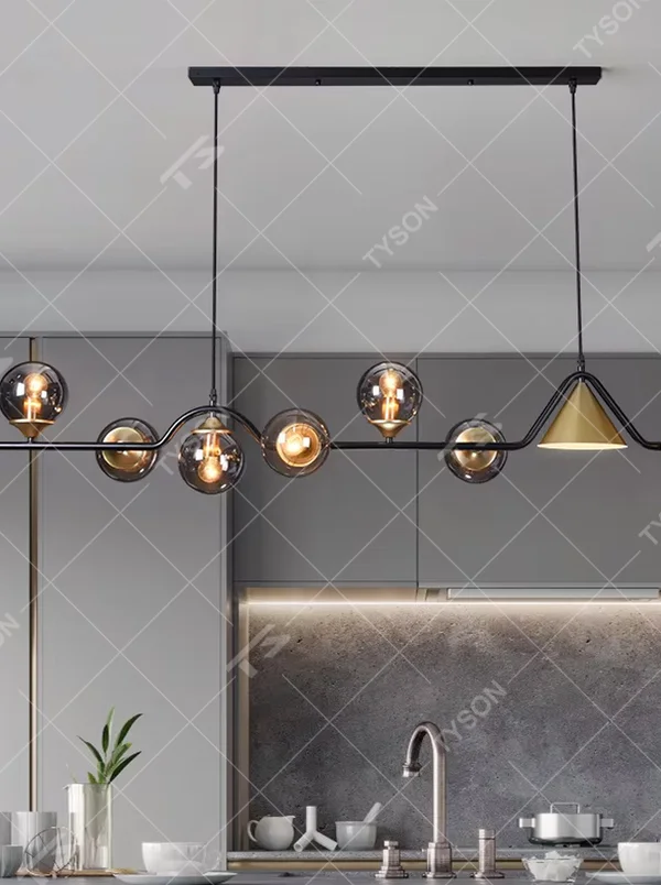 Modern light luxury geometric combination chandelier, featuring a fluid curved frame in black and gold metal paired with gradient smoky gray glass balls and a cone-shaped lampshade. Its minimalist and layered design combines style and ambiance, making it a decorative lighting fixture that elevates the space's aesthetic.