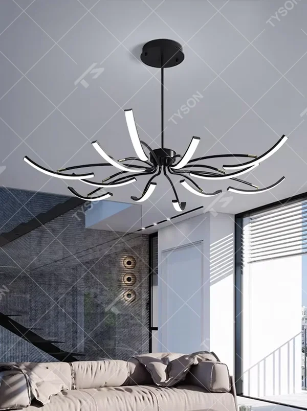 Modern art spider-shaped chandelier, featuring a radial branch structure made of black metal with built-in LED lighting. Its dynamic and tensile lines combine a sense of technology and artistic ambiance, making it a high-end decorative lighting fixture that elevates the space's style.