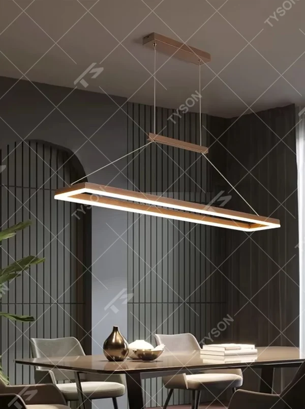 Modern minimalist wood-grain double-layer linear chandelier, featuring a double-layer rectangular frame made of wood-grain metal with built-in soft LED lighting. Its clean and elegant lines combine illumination and decoration, making it a modern home lighting fixture that enhances the space's texture.