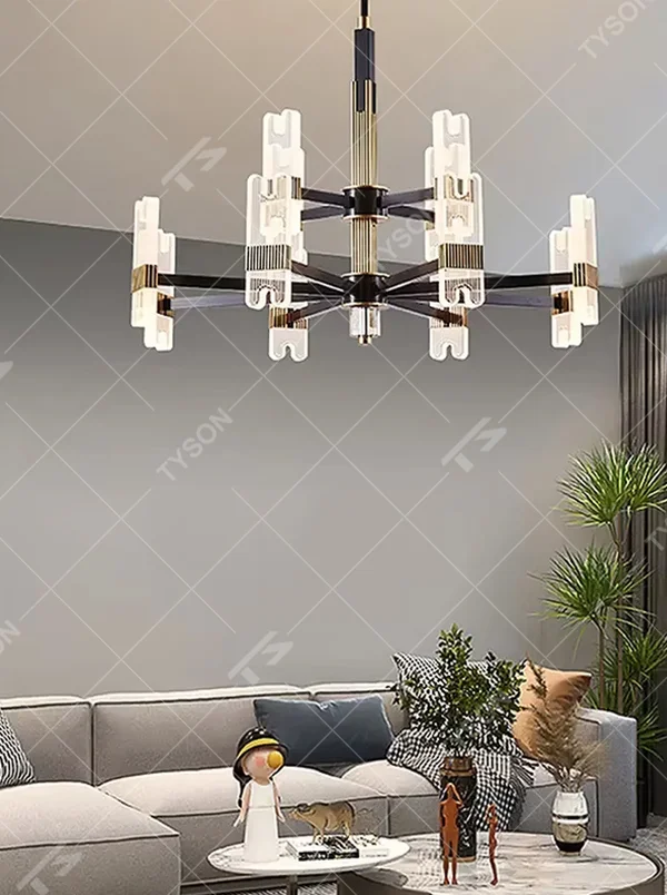 Modern light luxury black and gold chandelier, featuring a radial frame in black and gold metal paired with striped acrylic lampshades. It emits soft, layered light, combining style and ambiance, making it a high-end decorative lighting fixture that elevates the space's aesthetic.