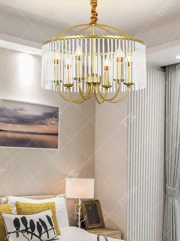 This retro light luxury crystal tassel chandelier features a brass metal frame, paired with transparent long crystal tassels that enclose a dome shape. The internal curved-arm lamp holder is equipped with candelabra light sources. When lit, light refracts through the crystal to emit a soft and brilliant glow, combining retro elegance with an ambient atmosphere. Ideal for dining rooms, bedrooms, retro-style living rooms, and other spaces, it adds an elegant and exquisite touch to American retro or European light luxury home environments.