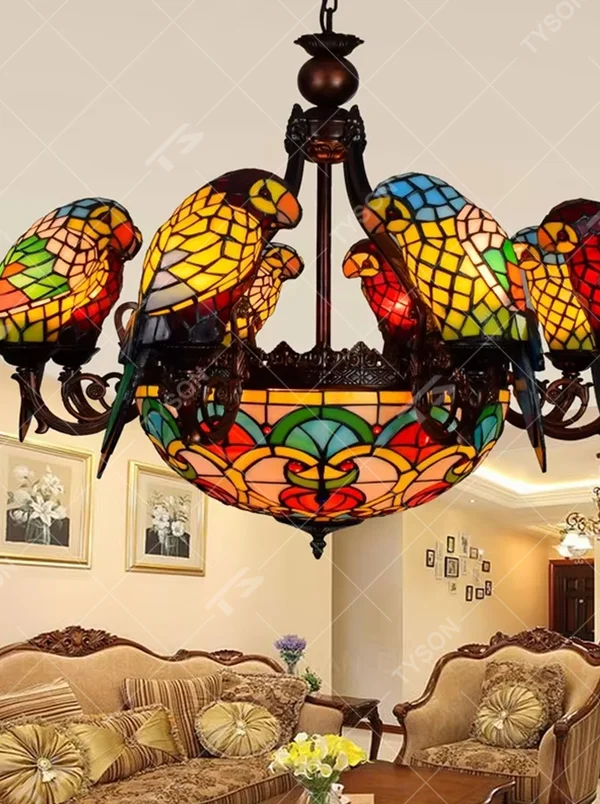 American retro parrot-shaped Tiffany chandelier, featuring vibrant stained-glass parrots and a dome lampshade paired with an antique bronze metal frame. Its rich, colorful design exudes retro artistry, making it a decorative lighting fixture that creates an exotic ambiance.
