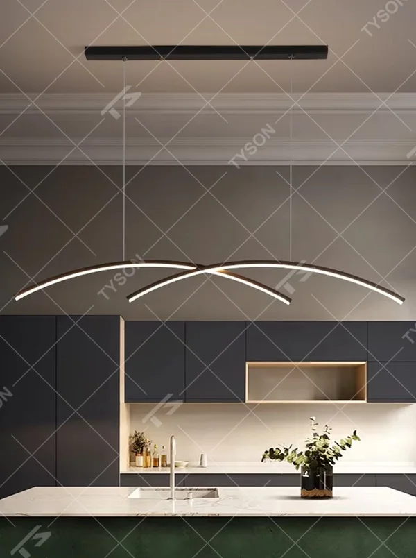 Modern minimalist double-arc linear chandelier, featuring a double-layer curved light strip design in white and gold metal. Its smooth, soft lines emit even and gentle light, combining style and ambiance, making it a modern home lighting fixture that elevates the space's aesthetic.