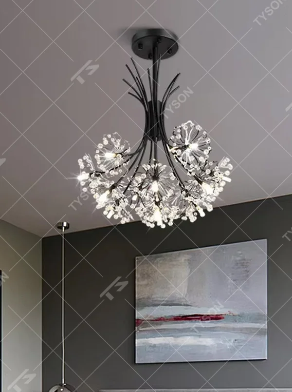 This modern light luxury dandelion-shaped chandelier features a black wrought iron frame and transparent crystal flower ball lampshades. When lit, it emits a bright and soft glow like blooming fireworks, combining decorative appeal with an ambient atmosphere. Ideal for bedrooms, living rooms, dining rooms, and other spaces, it adds an exquisite and romantic touch to modern minimalist, light luxury, or Nordic-style home environments.