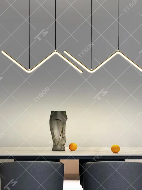Modern minimalist mountain-shaped linear chandelier, featuring a gold metal frame paired with LED light strips to create staggered mountain contour lines. It emits soft and even light, combining design sense and ambiance, making it a decorative lighting fixture that elevates the space's style.
