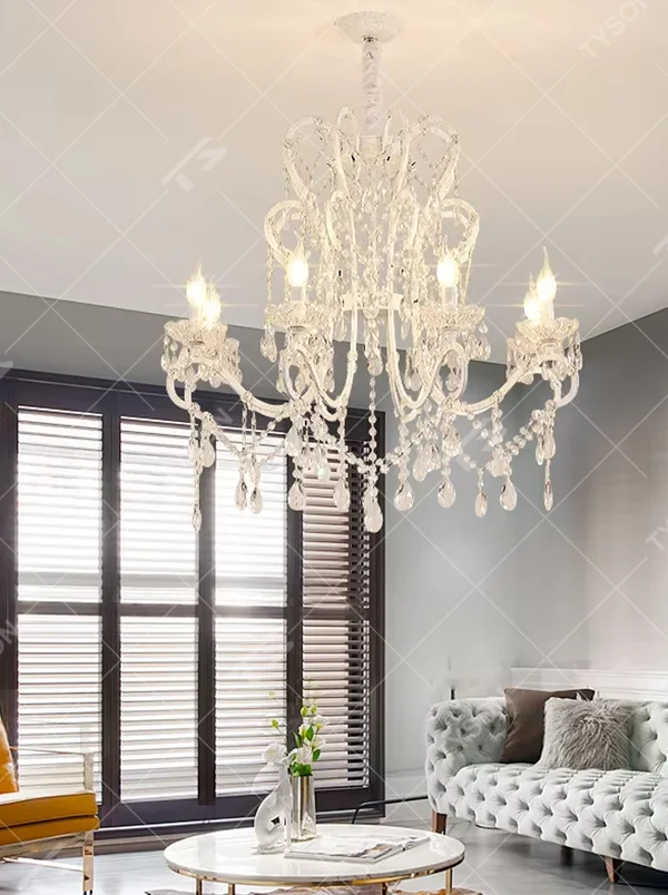 This European luxury crystal chandelier features curved branches crafted from transparent crystal, paired with hanging crystal pendants, creating a gorgeous and elegant courtly texture. When lit, light refracts through the crystal to emit a brilliant and soft glow, combining decorative appeal with an ambient atmosphere. Ideal for living rooms, dining rooms, villa high-ceiling spaces, or high-end clubs, it adds an elegant and exquisite touch to European luxury or modern light luxury spaces.
