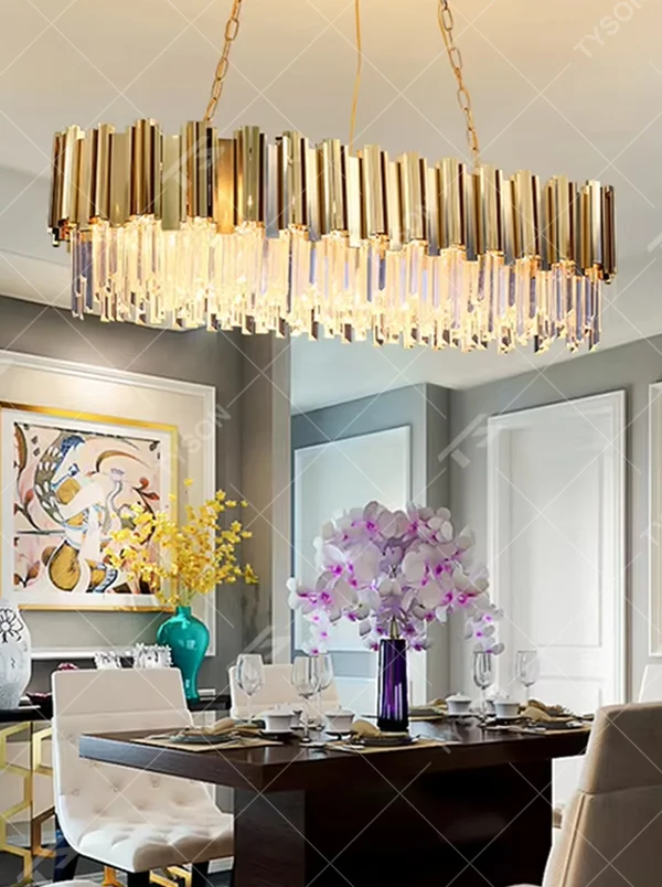 Light luxury post-modern metal crystal chandelier, featuring a dome shape layered with gold metal strips and crystal columns. Light refracts through the crystals to create a brilliant and luxurious glow, combining sophistication and ambiance, making it a high-end decorative lighting fixture that elevates the space's style.
