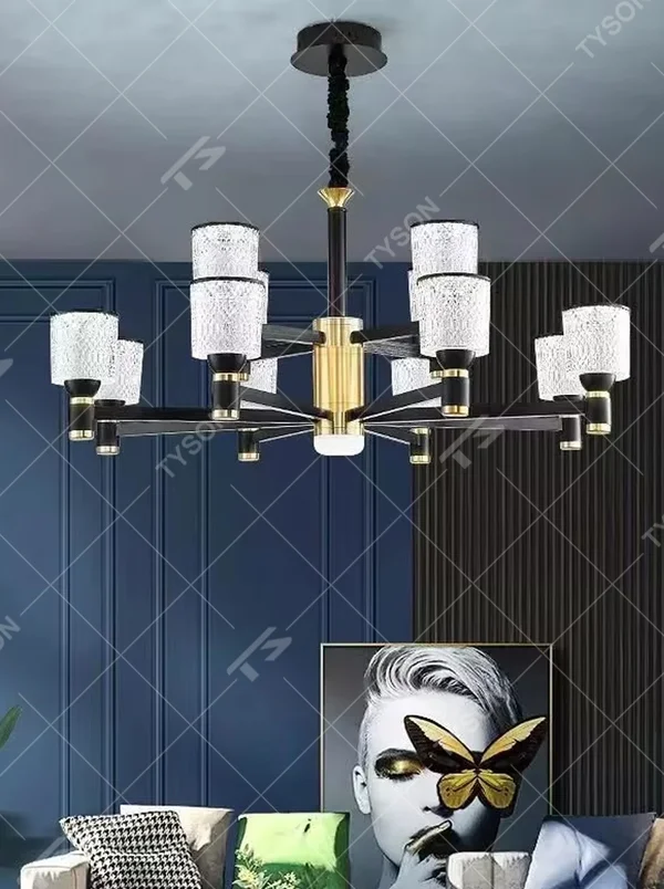 This modern light luxury multi-head chandelier features a gold metal frame, with textured glass lampshades forming a radial shape. When lit, light refracts through the glass to emit a soft and brilliant glow, combining an exquisite texture with an ambient atmosphere. Ideal for living rooms, dining rooms, light luxury apartments, and other spaces, it adds an exquisite and sophisticated touch to modern minimalist or light luxury home environments.
