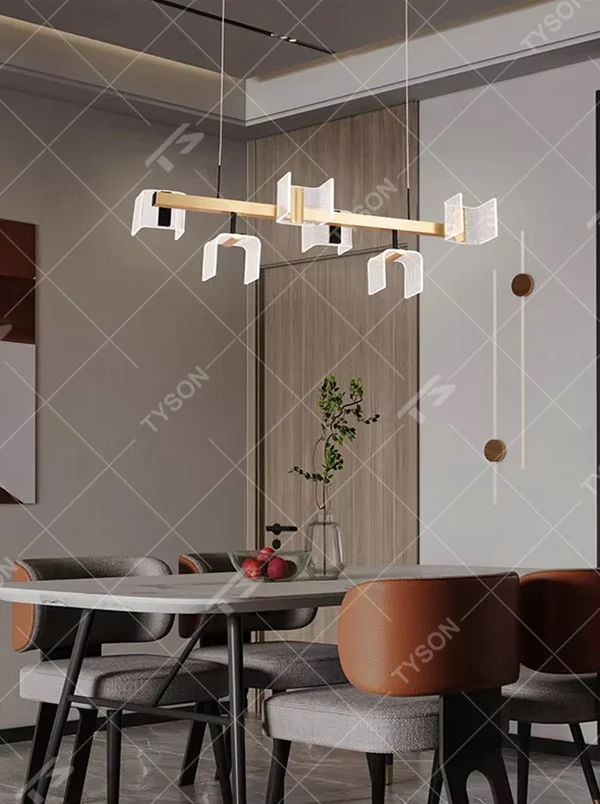 Modern light luxury geometric square chandelier, featuring a black and gold two-tone metal frame and acrylic glowing lampshades with gradient line textures, creating a layered visual effect. It is an artistic lighting fixture that combines decorative and functional lighting.
