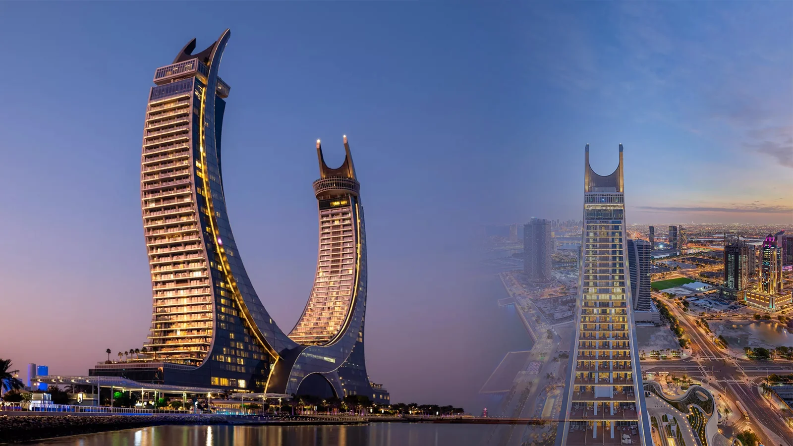 Stunning view of the iconic curved twin towers and sleek modern skyscraper in a waterfront urban skyline at dusk, showcasing sophisticated facade illumination and strategic Guest Circulation Lighting to guide movement and enhance the luxurious hospitality architecture ambiance.